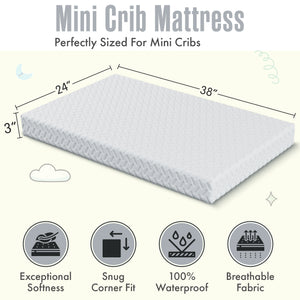 Sleepah Mini Crib Mattress Ventilated Memory Foam - Breathable Waterproof Soft Fabric 38x24x3” -Dual Sided for Babies & Toddlers – Certipur Certified Foam