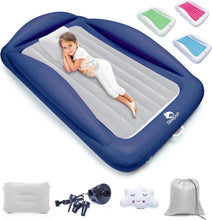 Load image into Gallery viewer, Sleepah Inflatable Toddler Travel Bed Portable Kids Air Mattress Set w Safety Bed Rail Guards for Kids &amp; Toddlers – Set Includes Pump, Carry Case, Pillow &amp; More - Perfect Transitional Cot
