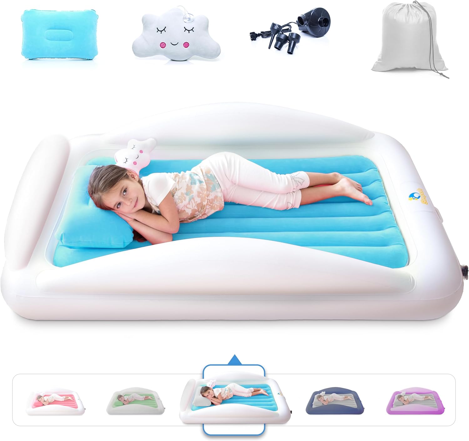 Sleepah Inflatable Toddler Travel Bed Portable Kids Air Mattress Set w Safety Bed Rail Guards for Kids Toddlers Set Includes Pump Carry Case