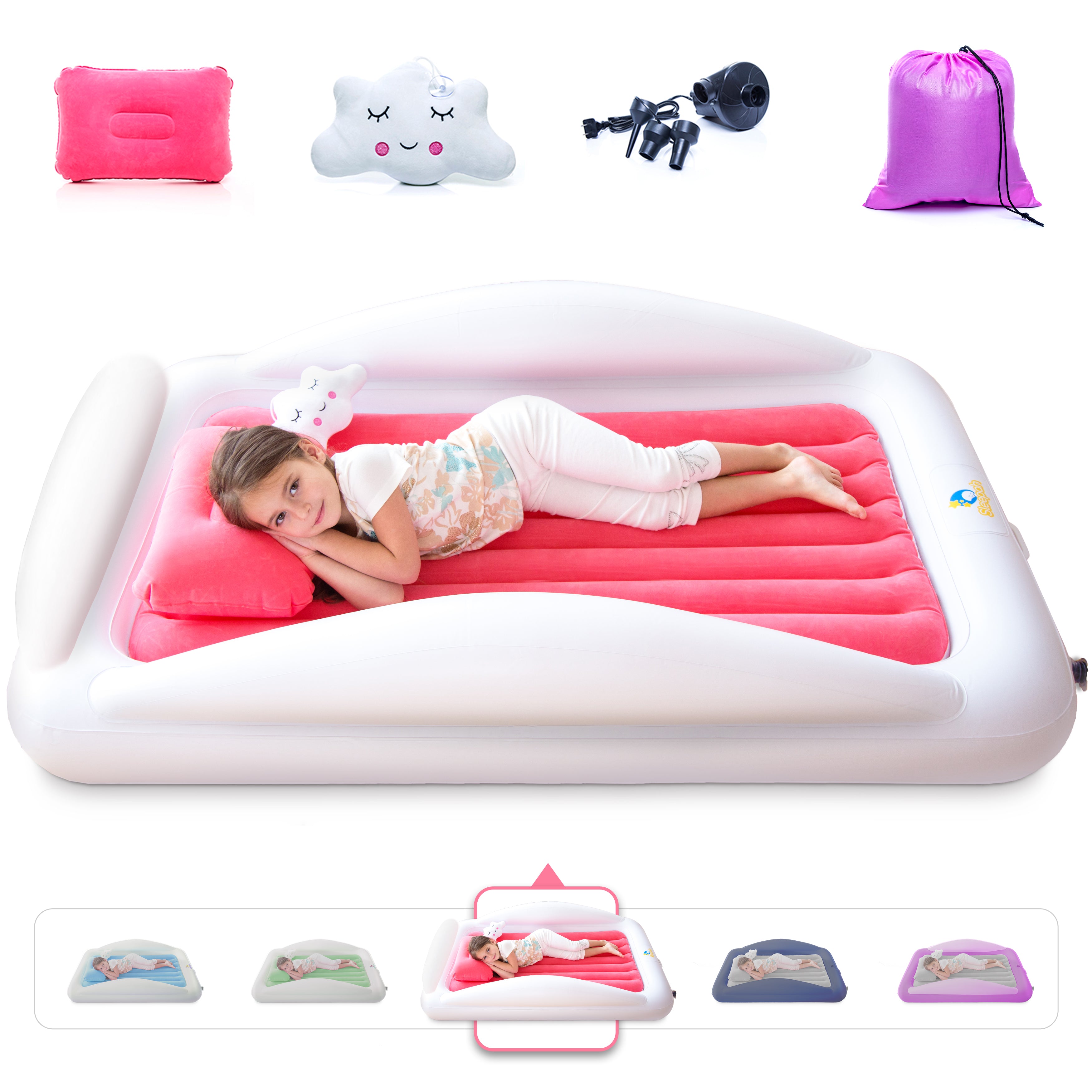 Sleepah Inflatable Toddler Travel Bed Portable Kids Air Mattress Set w Safety Bed Rail Guards for Kids Toddlers Set Includes Pump Carry Case